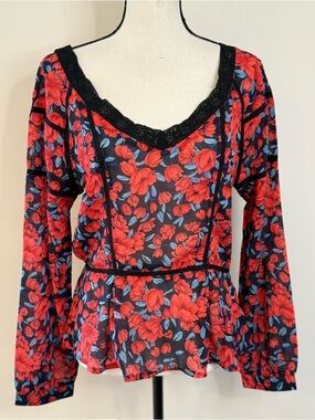 Roly Poly chic top red blue floral & lace V neck long sleeve SZ M